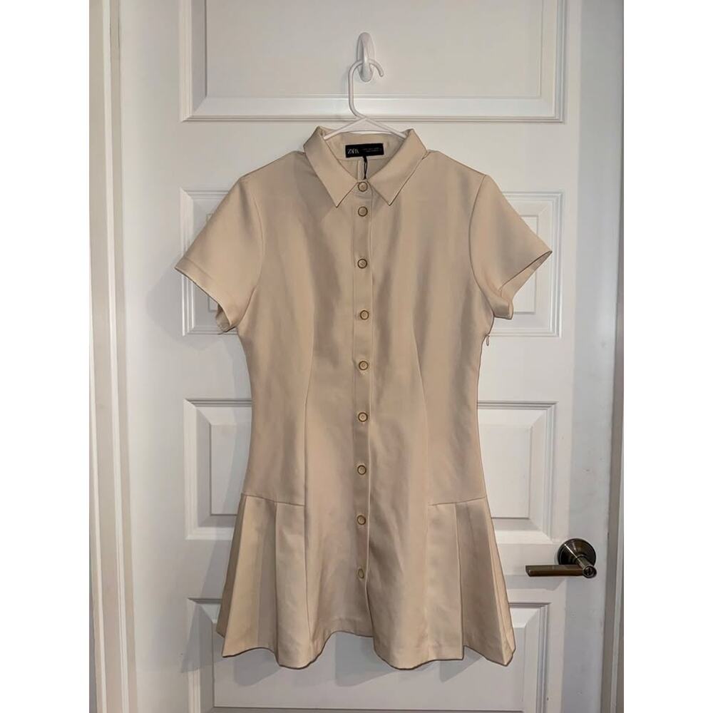 Zara preppy collared cream button up flare dress
